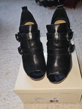 Coach Black Leather Peep-Toe Buckle Mules